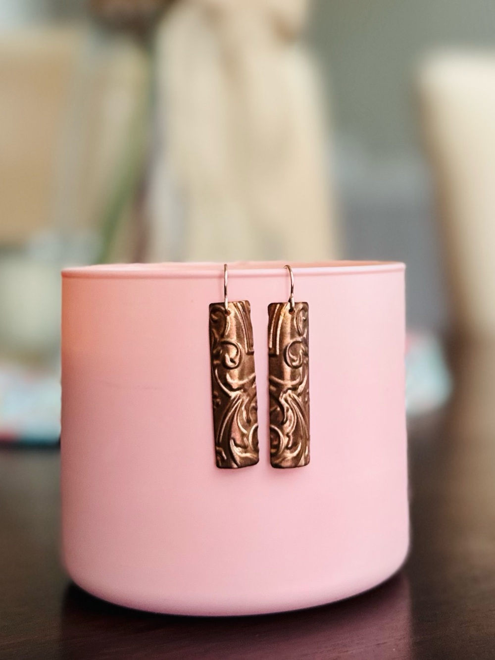 Embossed Copper Scrollwork Bar Dangle Earrings, Alaska